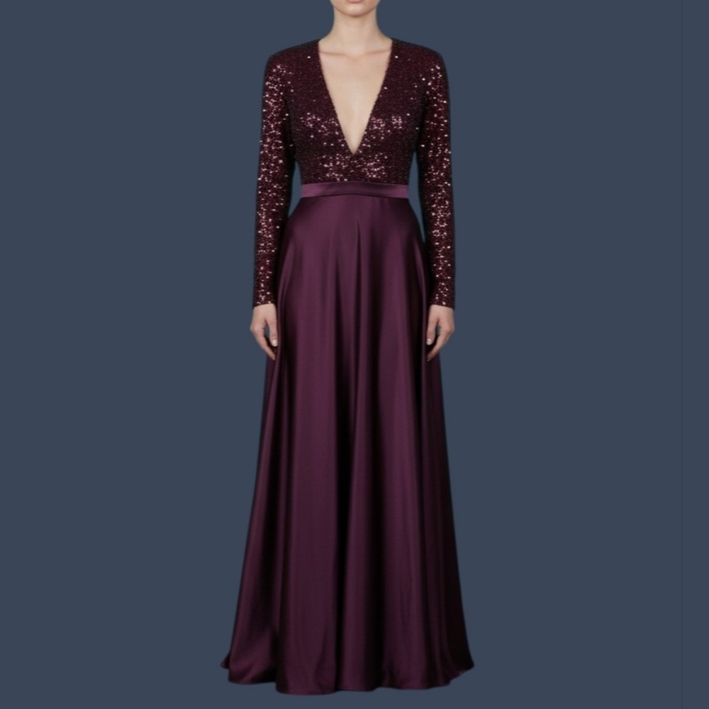 TS Couture Purple Satin Velvet Sequin Deep V Long Sleeve Formal Ball Gown